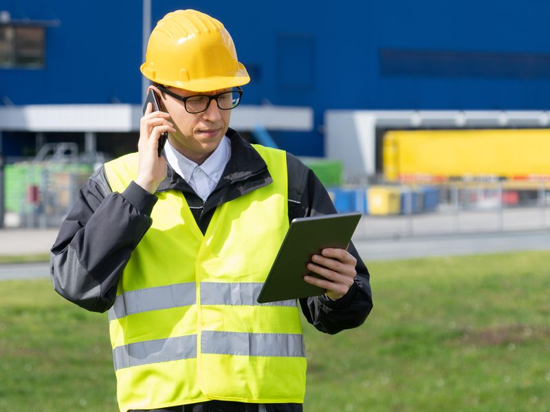 Logistician with phone and digital tablet at a logistics center