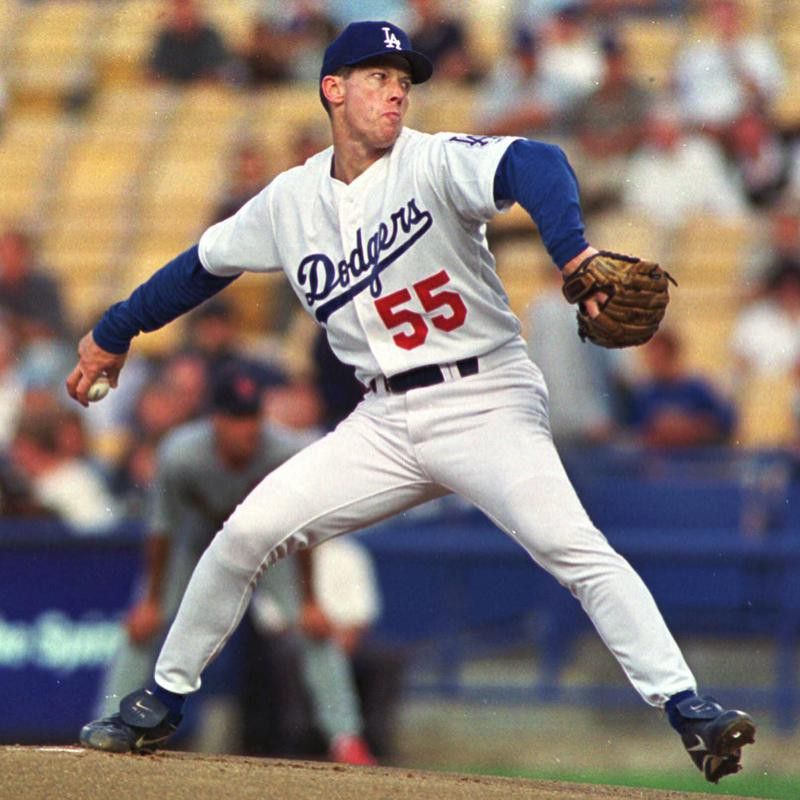 Los Angeles Dodgers starting pitcher Orel Hershiser throws in first inning