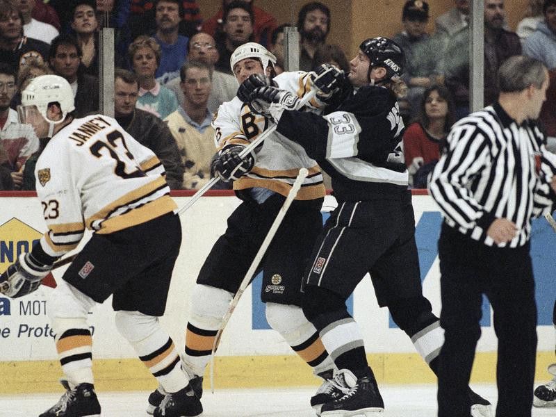 Los Angeles King Marty McSorley and Boston Bruin Cam Neely