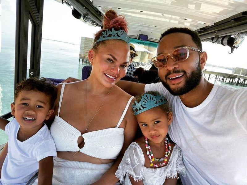 Luna and Miles Stephens with Chrissy Tiegen and John Legend