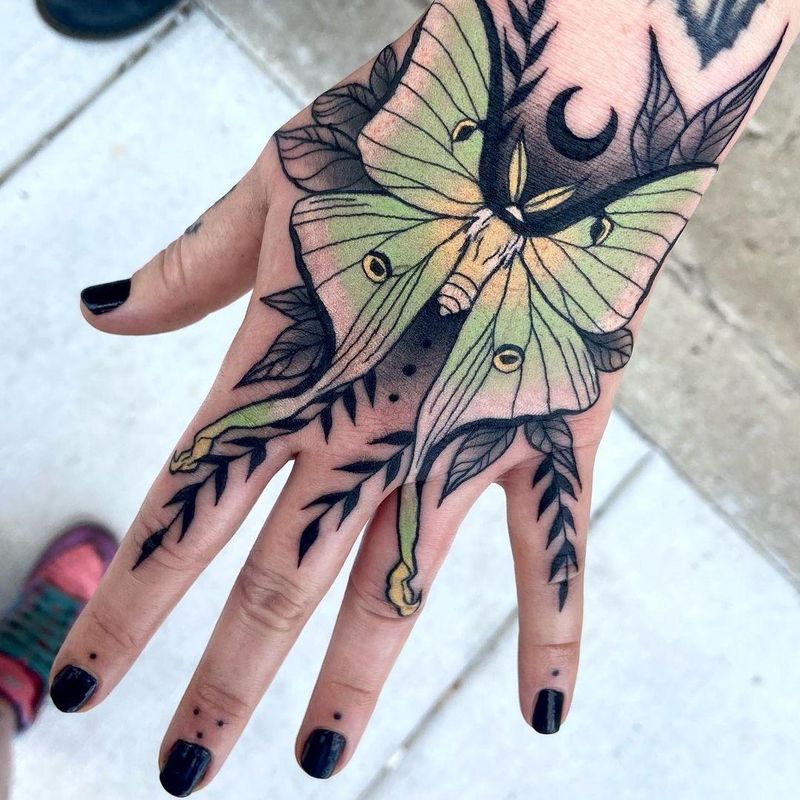 Lunar Moth Hand Tattoo