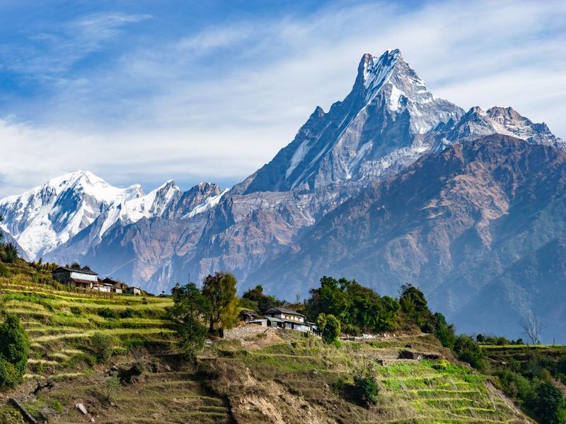 Machhapuchhre and terraced fields in Nepal