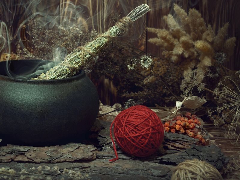 Magic items. Smoking twist of bitter wormwood herb for fumigation in iron cauldron, a ball of red wool, pine bark and dry flowers on wooden background, dark key, selective focus.