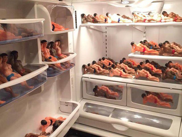 male dolls in fridge