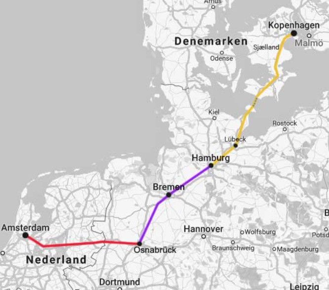 Map from Amsterdam to Copenhagen