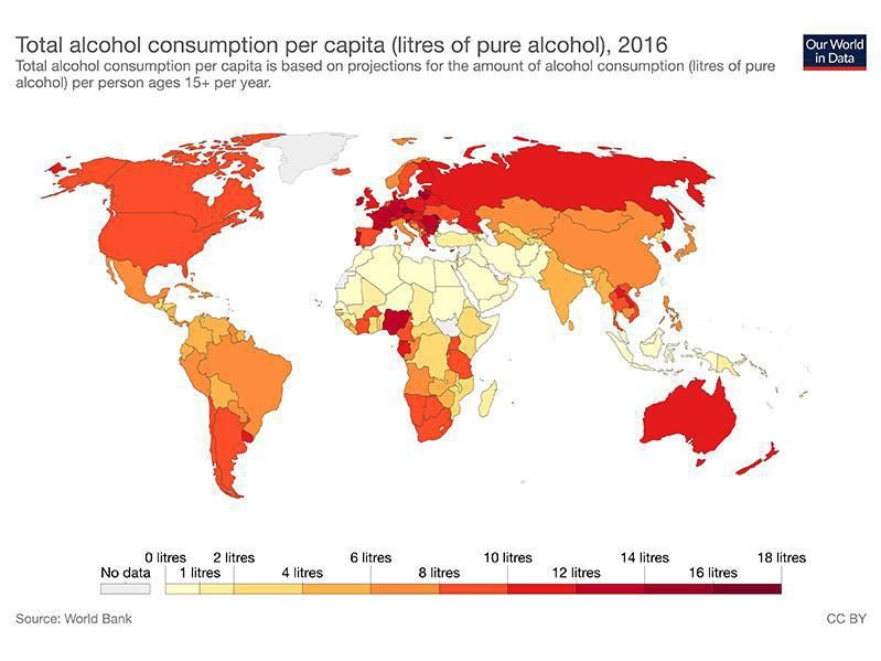 Map of alcohol consumption across the world today