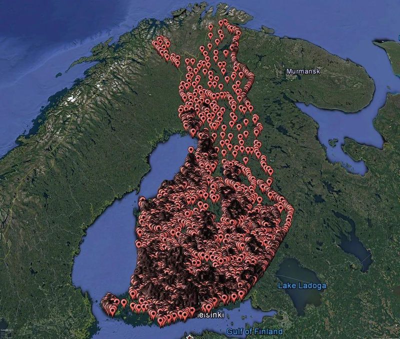 Map of every public sauna field in Finland