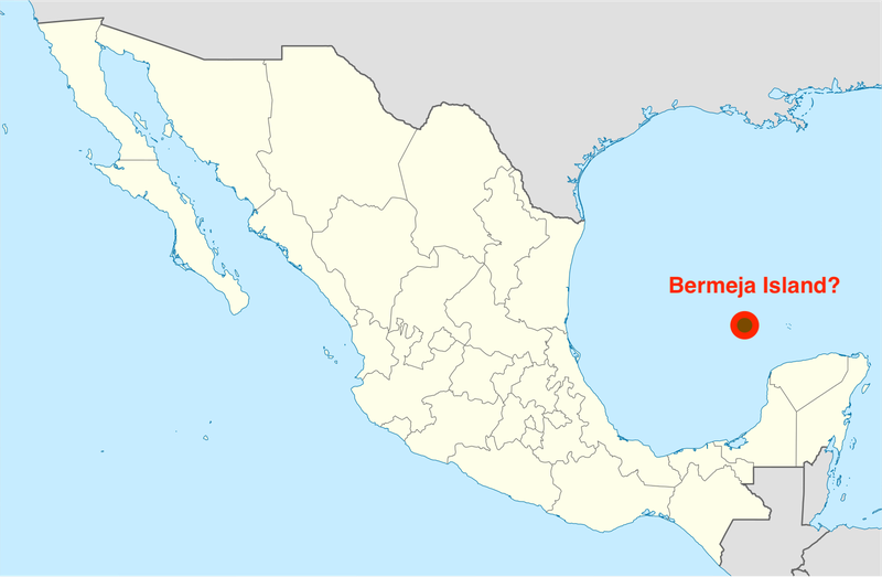 Map of Mexico and alleged location of Bermeja Island