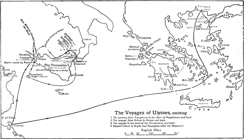 Map that shows part of Odysseus' journey