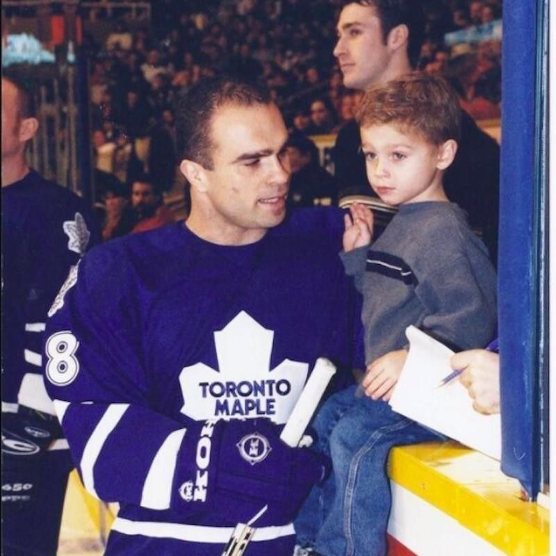 Max Domi with father Tie Domi of the Toronto Maple Leafs on the ice