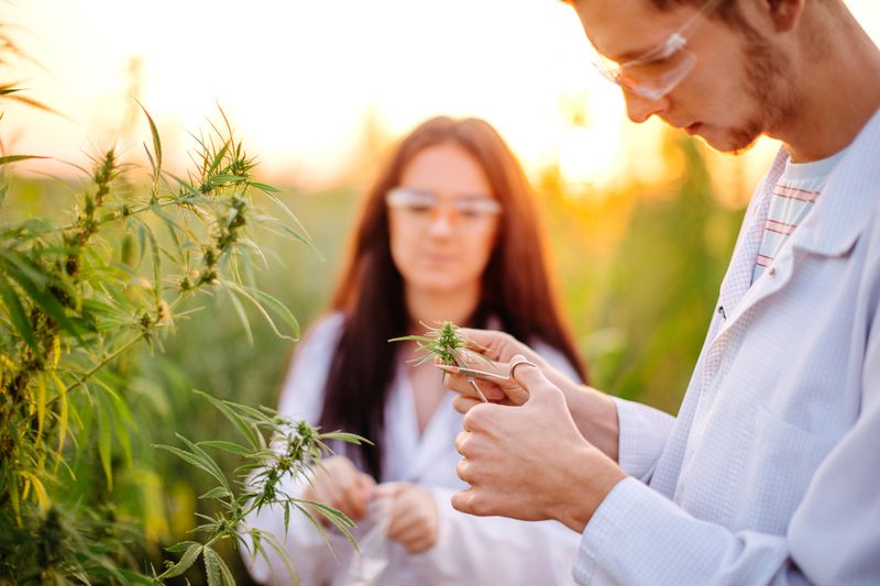 Medicine students in a marijuana field checking a plant