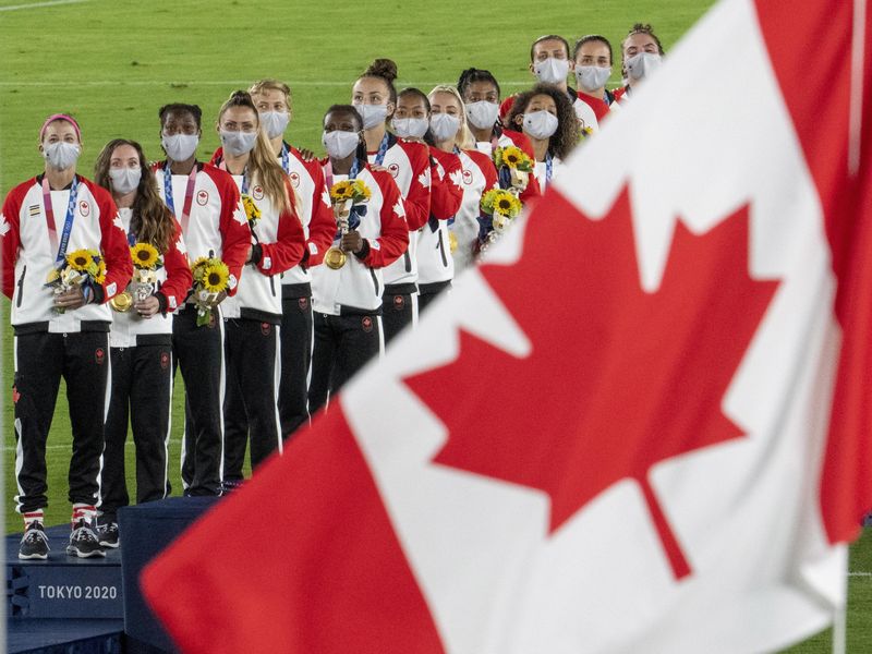 Members of Canadian women's soccer team watch flag raise