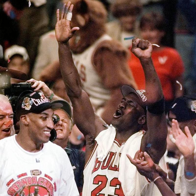 Michael Jordan celebrates with teammate Scottie Pippen