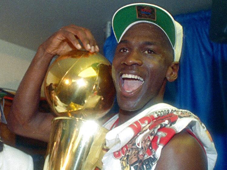Michael Jordan celebrating with the Chicago Bulls
