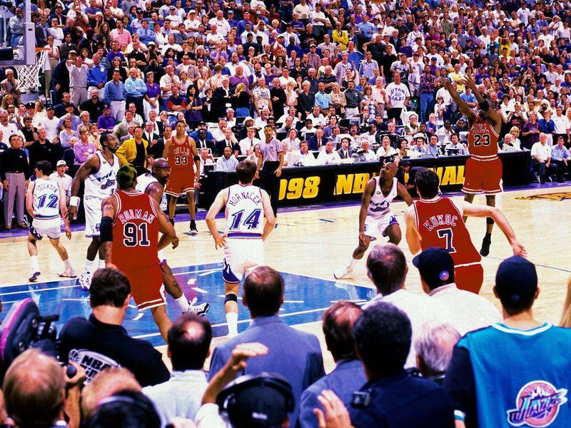 Michael Jordan hitting shot against the Utah Jazz in 1998 NBA Finals
