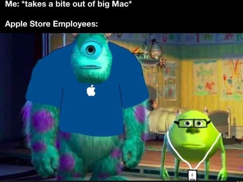 Mike Wazowski and Sully at an Apple store