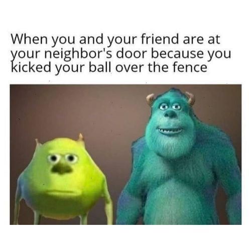 Mike Wazowski and Sully knocking on the neighbor's door to retrieve a ball