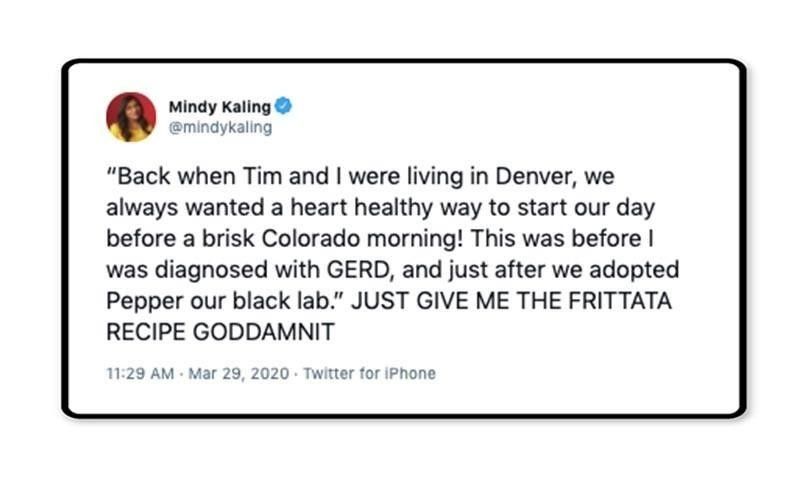 Mindy Kahling tweet about recipes