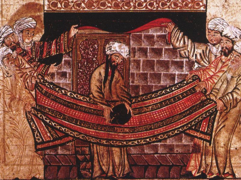 Miniature from Rashid-al-Din Hamadani's Jami al-Tawarikh, c.1315, illustrating the story of Muhammad's role in re-setting the Black Stone in 605.
