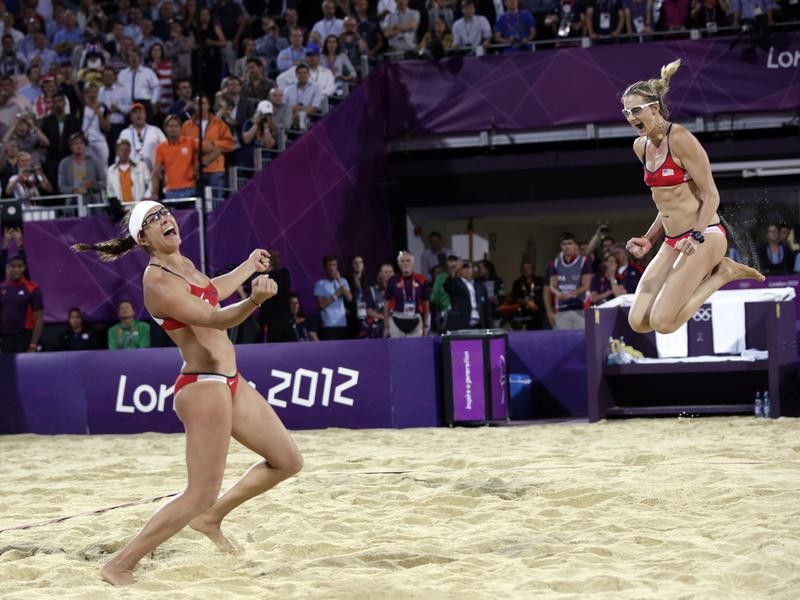 Miss May Treanor and Kerri Walsh Jennings celebrate win in Summer Olympics