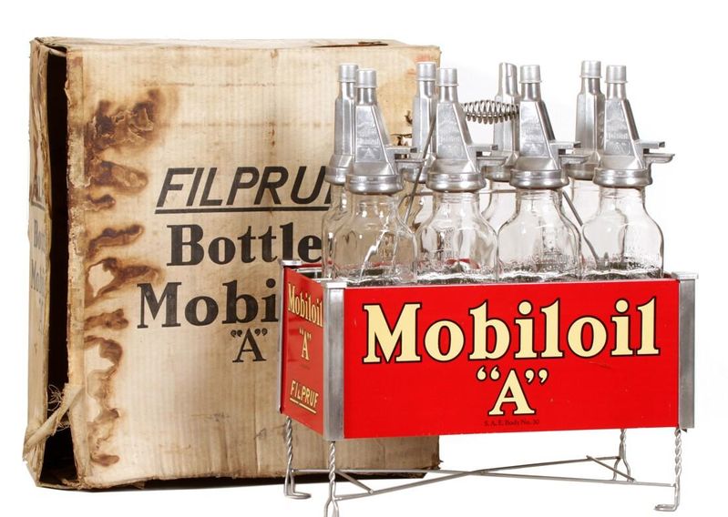 Mobiloil A Motor Oil bottles with rack