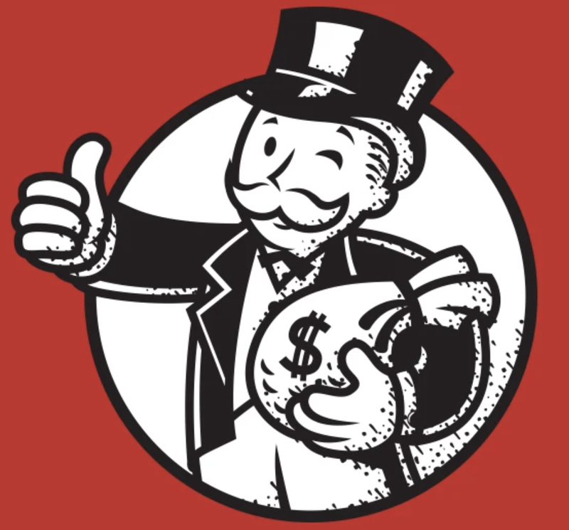 Monopoly man holding a bag of money and giving the thumbs up