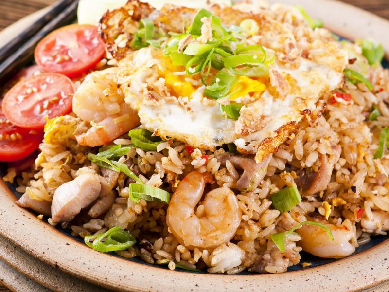 Nasi Goreng with fried egg, chicken and shrimp