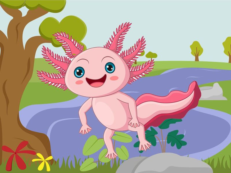 Natural river flowing in the forest with axolotl