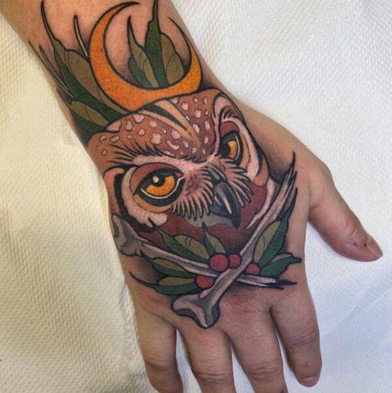 Neo Traditional Owl Hand Tattoo