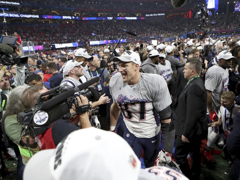New England Patriots Rob Gronkowski celebrates a win