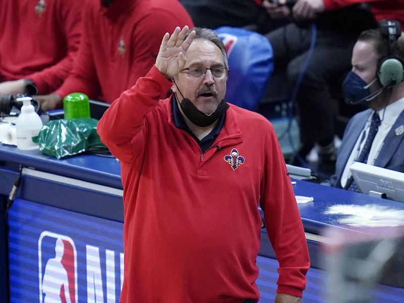 New Orleans Pelicans head coach Stan Van Gundy calls out from the bench