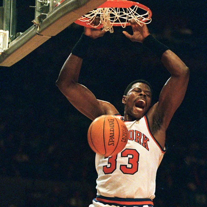 New York Knicks center Patrick Ewing celebrates slam-dunk