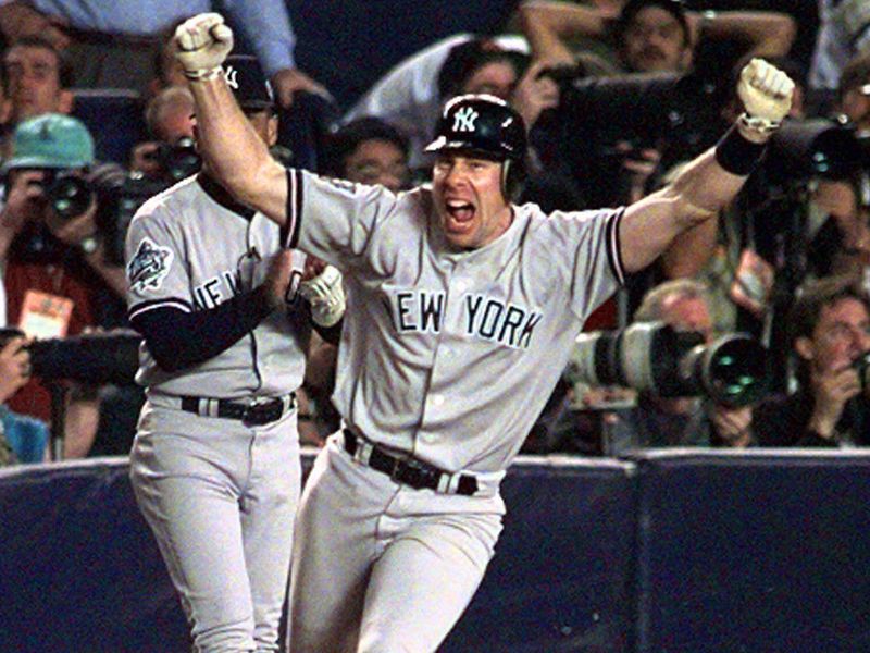 New York Yankees batter Scott Brosius celebrates home run against San Diego Padres in 1998 World Series