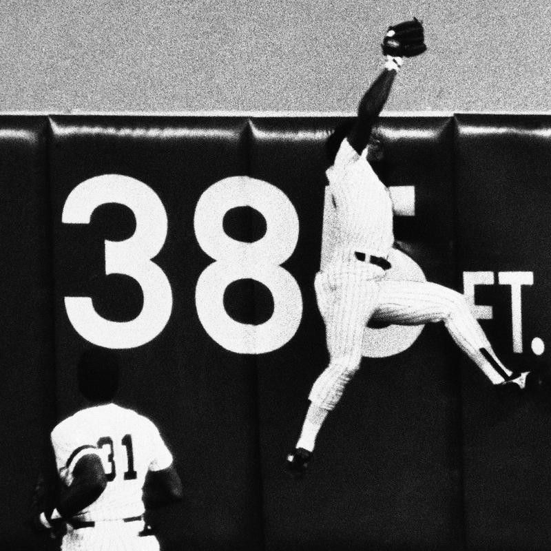 New York Yankees centerfielder Rickey Henderson makes flying leap to rob Boston Red Sox Bill Buckner