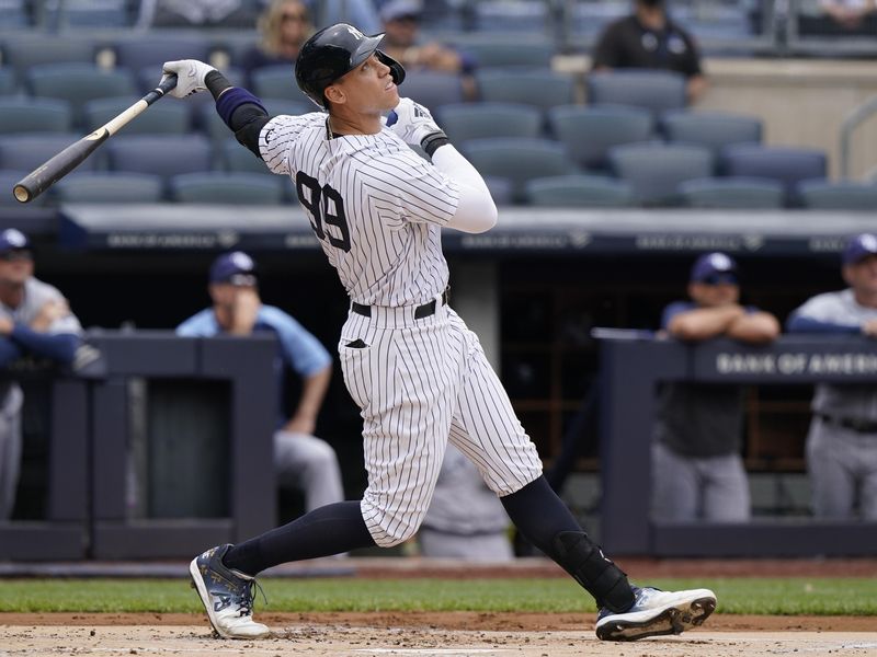 New York Yankees designated hitter Aaron Judge watches path of ball