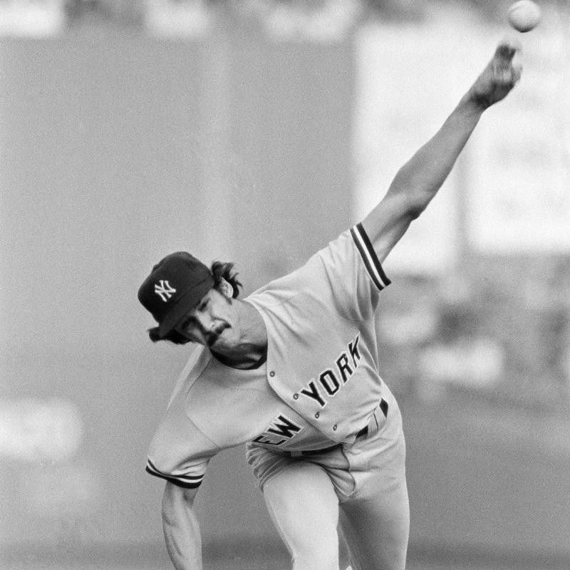 New York Yankees pitcher Ron Guidry as he delivers pitch against Boston Red Sox