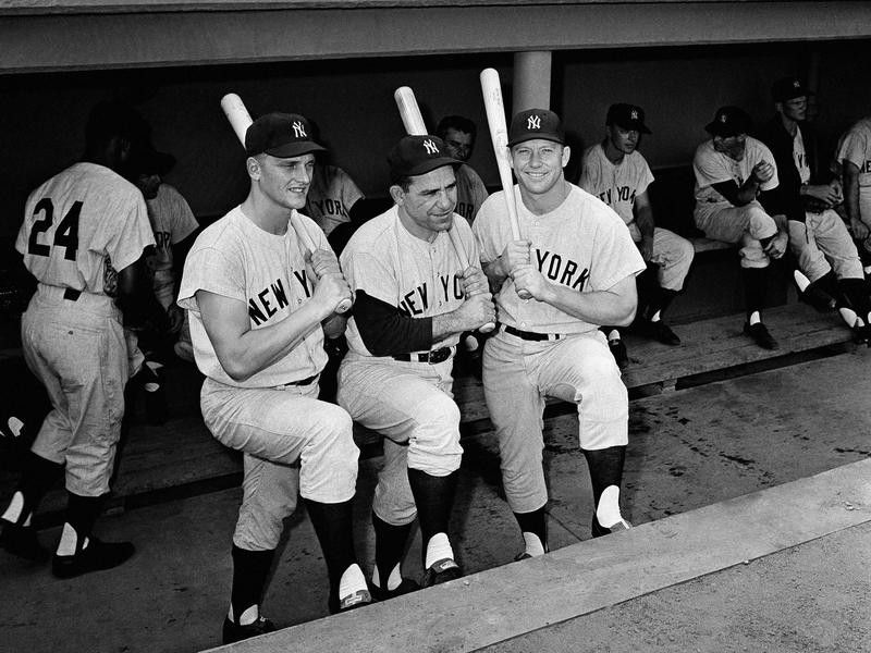 New York Yankees Roger Maris; Yogi Berra and Mickey Mantle, pose together
