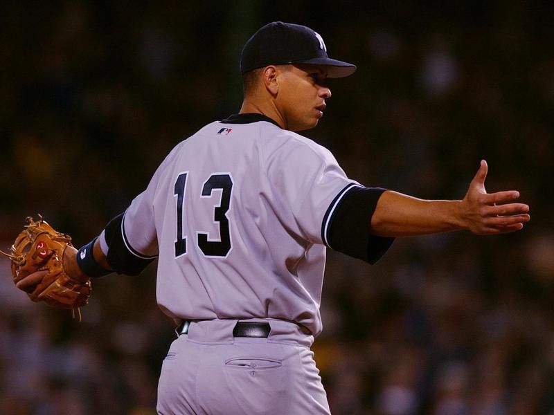 New York Yankees third baseman Alex Rodriguez looks toward his dugout