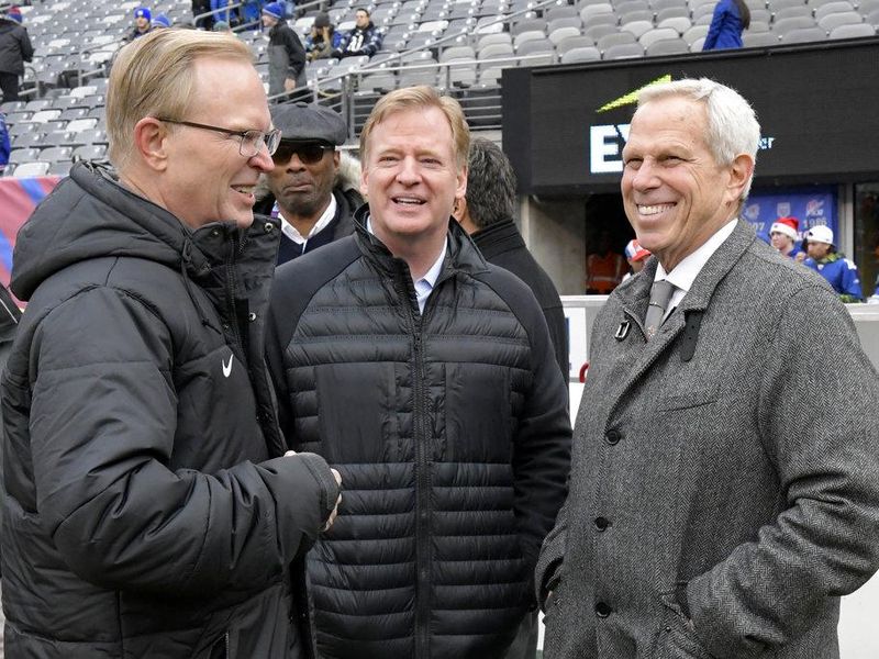 NFL commissioner Roger Goodell, center, talks to New York Giants owners John Mara, left, and Steve Tisch