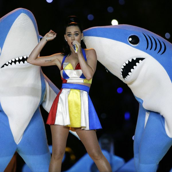FILE - In this Feb. 1, 2015, file photo, singer Katy Perry performs during halftime of the NFL Super Bowl XLIX football game in Glendale, Ariz. The dancing sharks that stole some of the spotlight during Perry's Super Bowl halftime show have taken a bite out of an artist's bid to sell small figurines of them. (AP Photo/David J. Phillip, File)