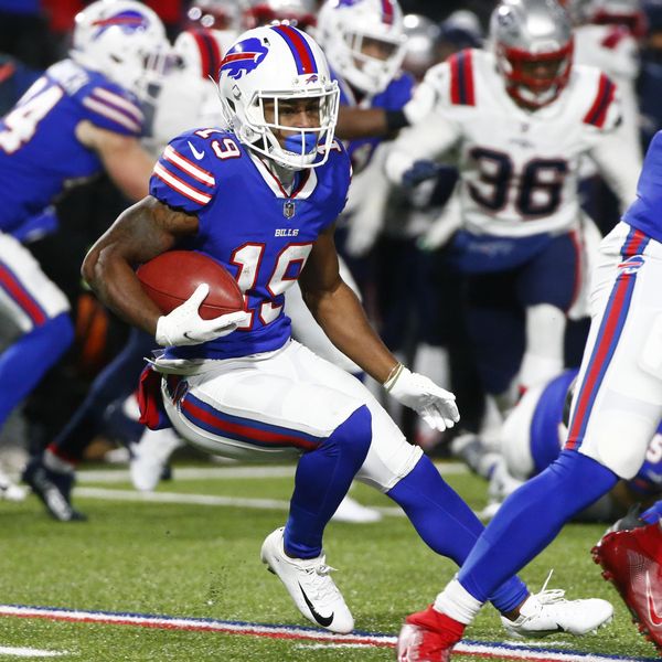 FILE - Buffalo Bills wide receiver Isaiah McKenzie (19) carries the ball during the second half of an NFL wild-card playoff football game against the New England Patriots in Orchard Park, N.Y., Saturday, Jan. 15, 2022.  GeoComply Solutions, the Vancouver, Canada-based tech company, recorded 17.9 million transactions last weekend in New York, up from 17.2 million the weekend before, when it went live in the state. The data records the amount of times the company was called on to verify a customer’s location and is considered a good indicator for at least a minimum level of sports betting activity, more than 80% of which is done online in the U.S. (AP Photo/ Jeffrey T. Barnes)