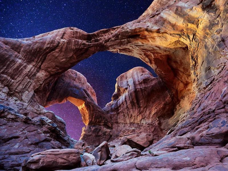 Night exposure of Double Arch in Arches National Park Utah