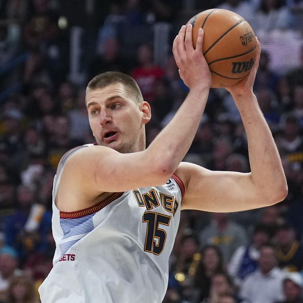 Denver Nuggets center Nikola Jokic against the Miami Heat during the first half of Game 5 of basketball's NBA Finals, Monday, June 12, 2023, in Denver. (AP Photo/Jack Dempsey)