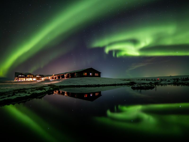 Northern lights over Hotel Rangá, Iceland