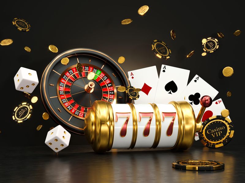 Online casino with roulette wheel, cards, dice