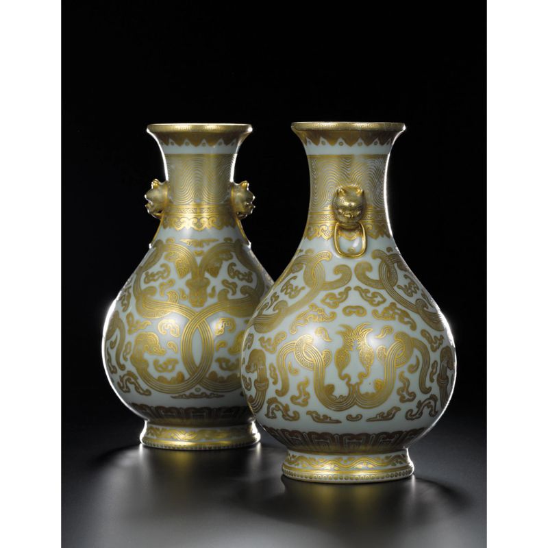 Pair Of Chinese Archaistic Celadon and Gilt Vases