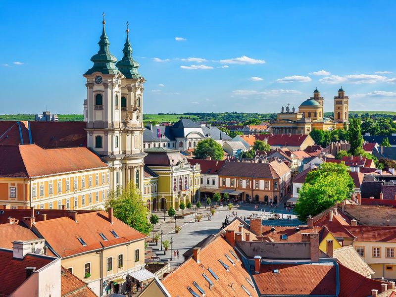 Panoramic view to the old town of Eger, Hungury