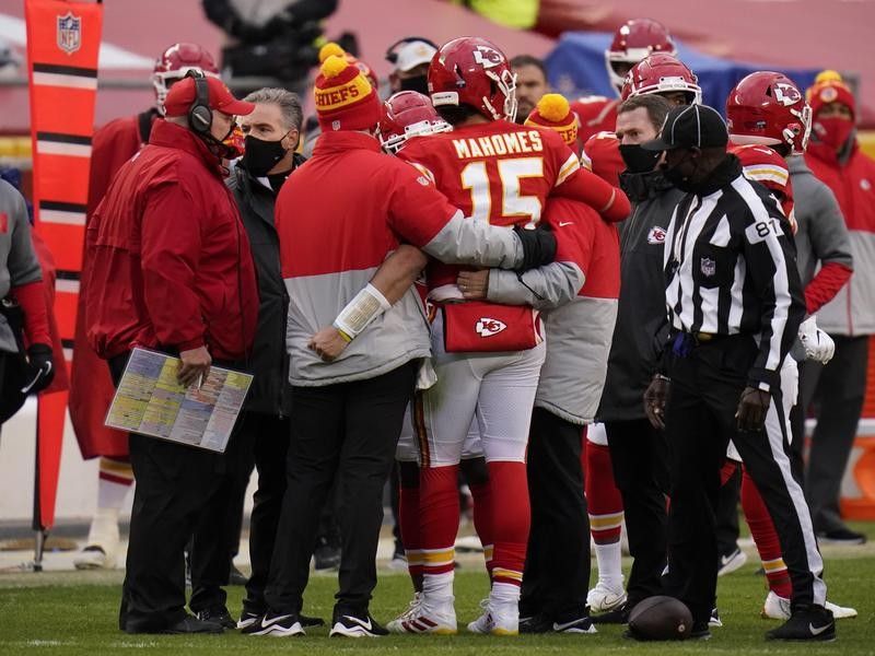 Patrick Mahomes is helped off the field against the Cleveland Browns