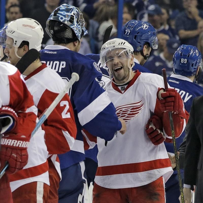 Pavel Datsyuk of the Detroit Red Wings in handshake line with Tampa Bay Lightning