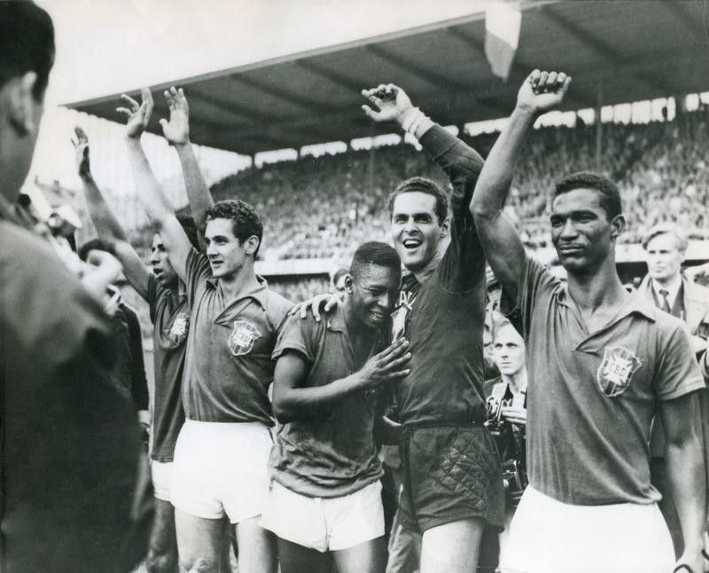 Pele with Brazilian teammates at 1958 World Cup